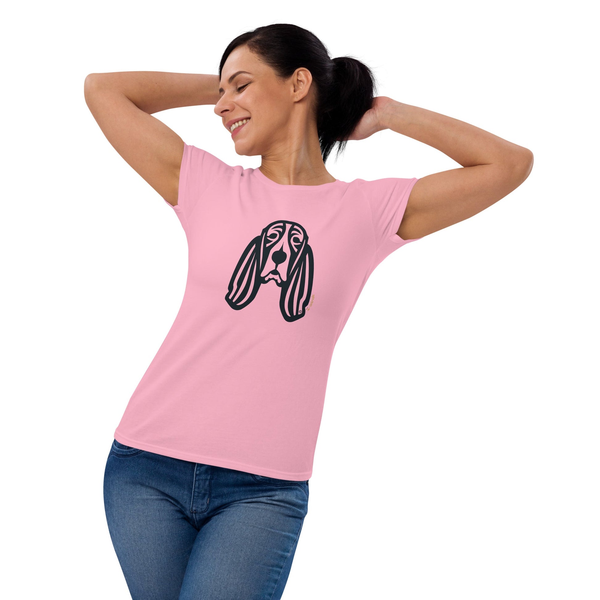 Camiseta feminina de manga curta - Basset Hound - Tribal - Cores Claras i-animals