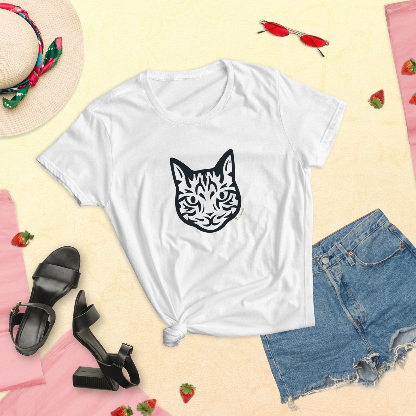 Camiseta feminina de manga curta - Gato Tigrado - Tribal - Cores Claras i-animals