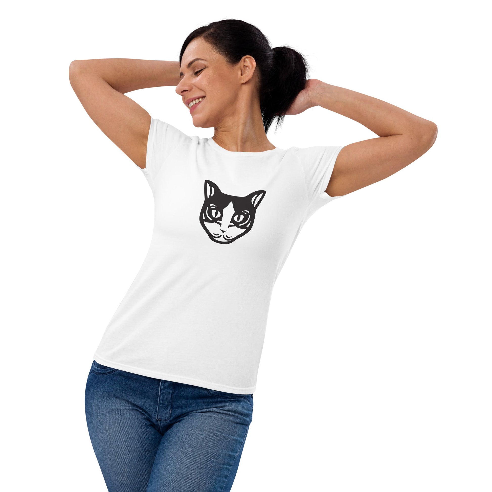 Camiseta feminina de manga curta - Gato preto e branco - Cores Claras i-animals